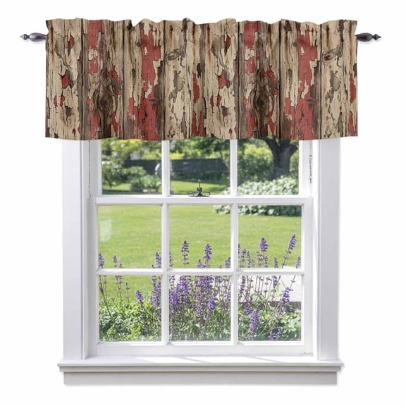 Farmhouse Valances for Windows Country Rustic Shabby Chic Retro Wooden Texture Rod Pocket Cafe Window Treatments Valance Curtains for Kitchen Bathroom Laundry Basement Windows 56"x16"