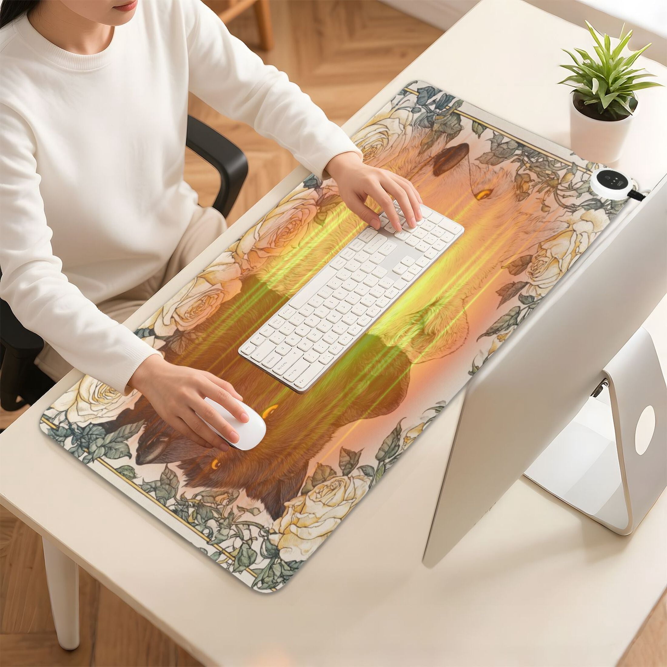 Large Heated Desk Mat Mouse Pad 31.5"x13"PU Leather Graphene Heating Desk Warmer with 3 Temperature Settings 110V US Plug Non-Slip Warm Pad for Home, Office, and Gaming Two Black and White Wolves