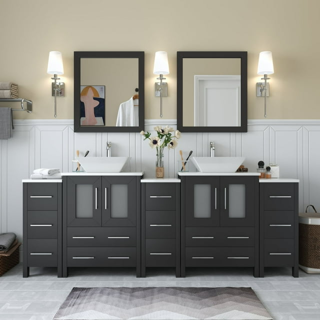Vanity Art 84 in. W Double Sink Bathroom Vanity with Engineered Marble Top and Two Free Mirror