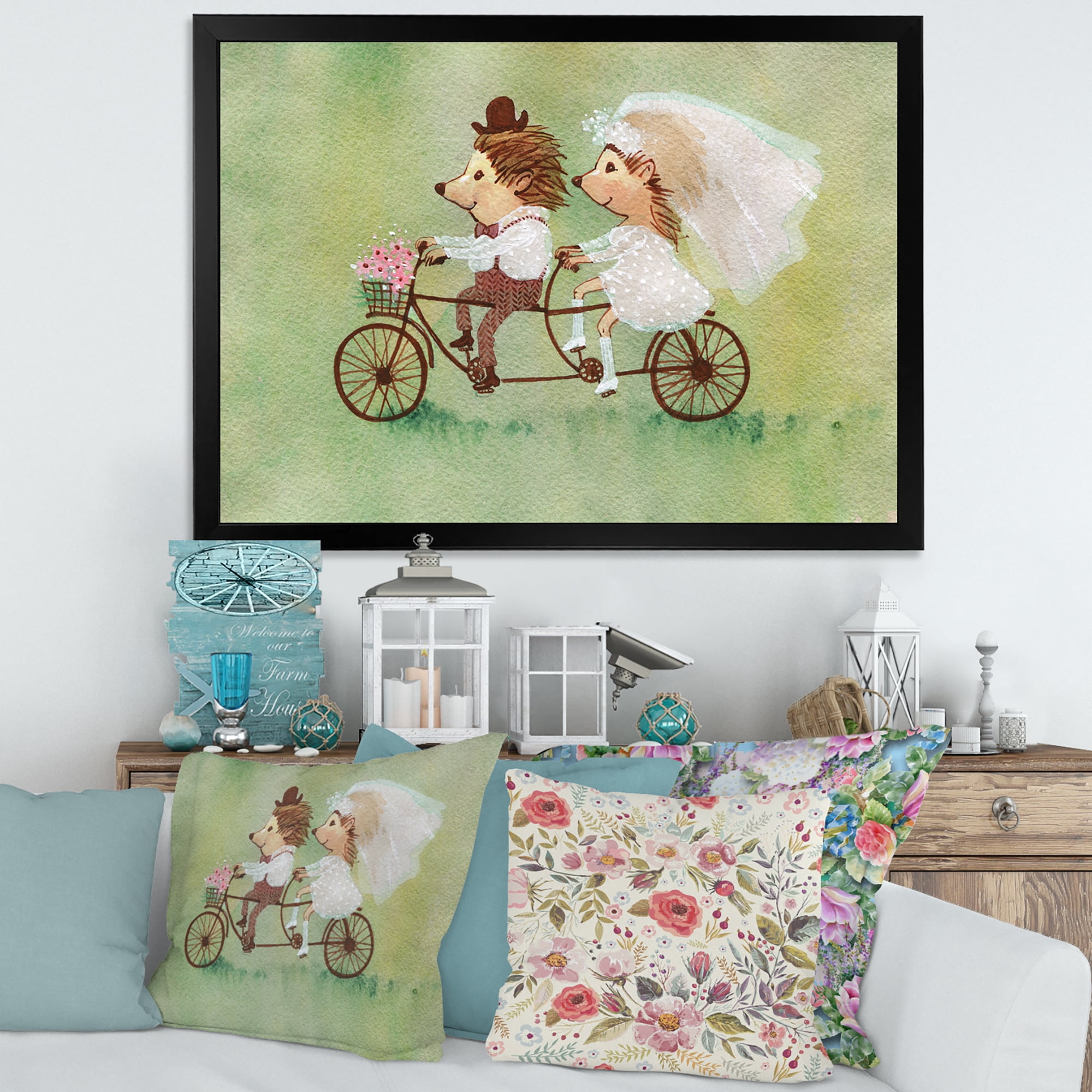 Designart 'Wedding Couple of Hedgehogs Riding A Bike' Traditional Framed Art Print