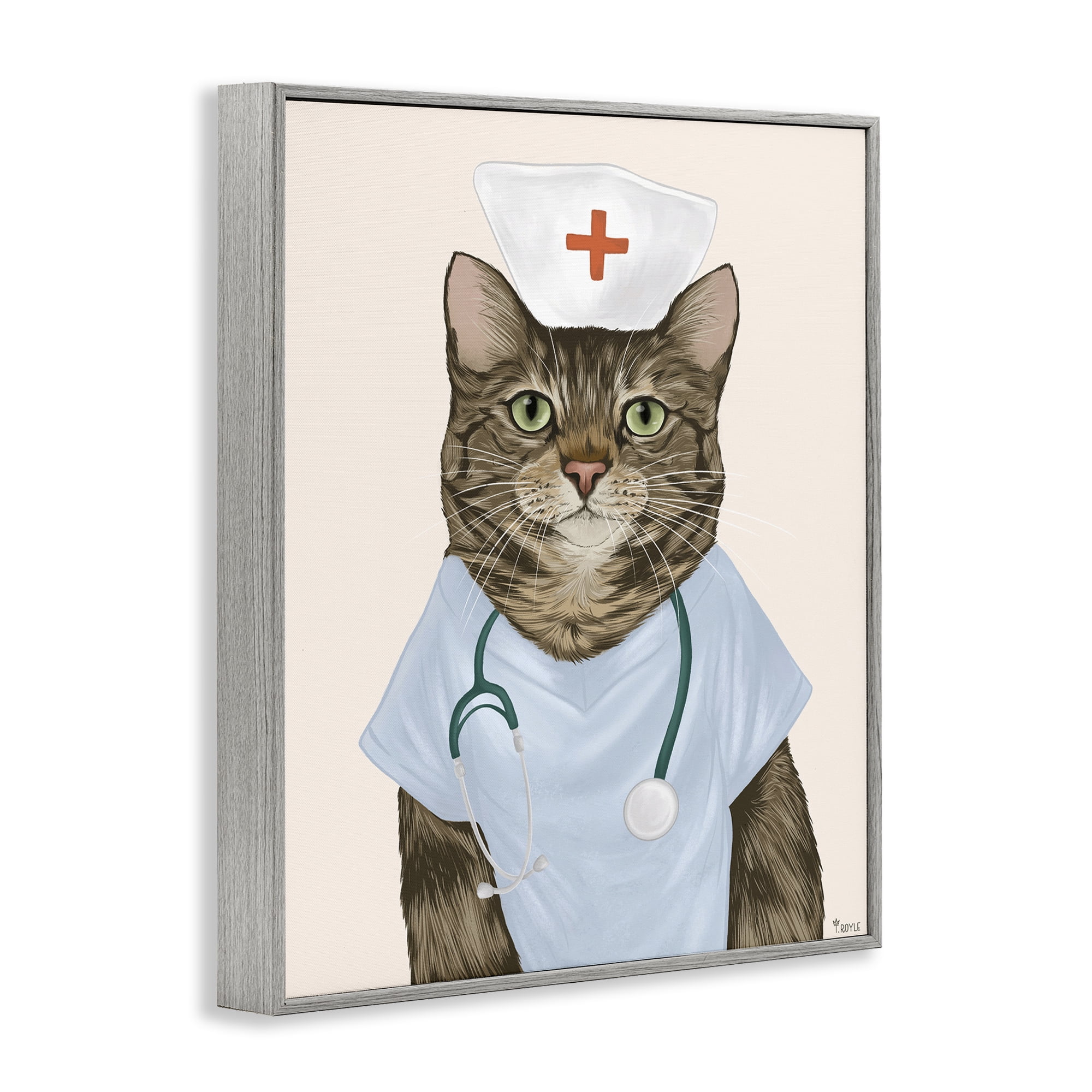 Stupell Industries Nurse Doctor Cat Animals & Insects Painting Gray Framed Art Print Wall Art, 24 x 30