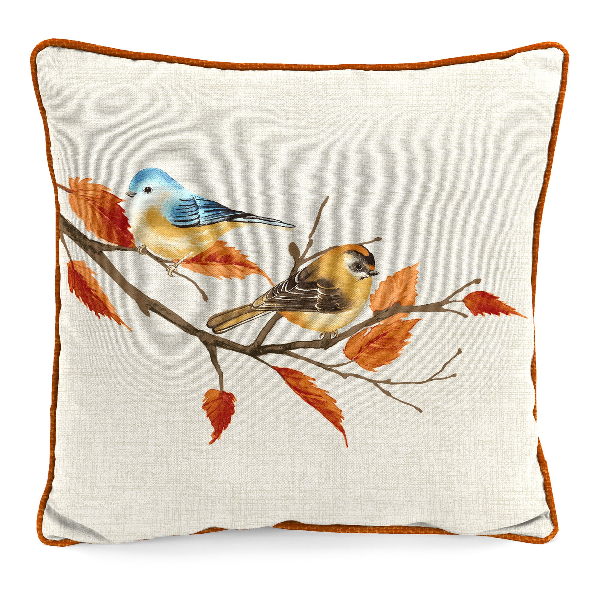 Jordan Manufacturing 16" x 16" Fall Branch Beige Bird and Celosia Ochre Yellow Crosshatch Reversible Square Outdoor Throw Pillow with Welt