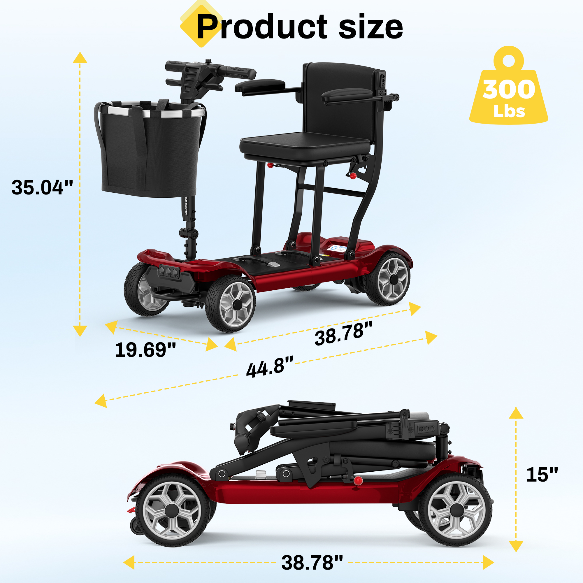 COOLHUT Ultra Lightweight 4 Wheel Mobility Scooter for Seniors (only 50lbs), 25+ Miles Travel Dual Battery Mobility Scooters, Aluminum Electric Folding Wheelchair Device, Red