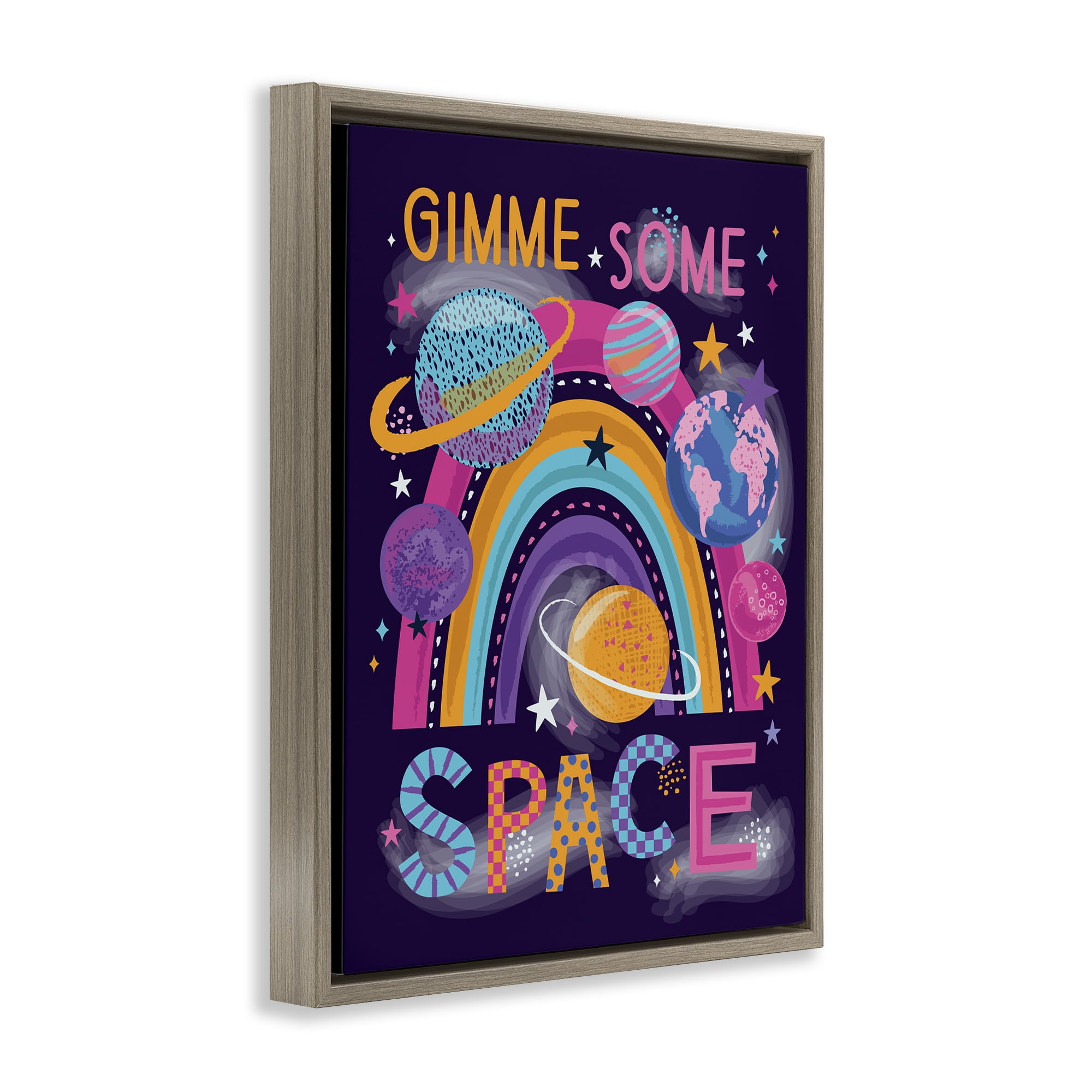 Stupell Industries Gimme Space Planets & Rainbow Astrology & Stars Painting Brown Floater Framed Canvas Art Print Wall Art, 25 x 31