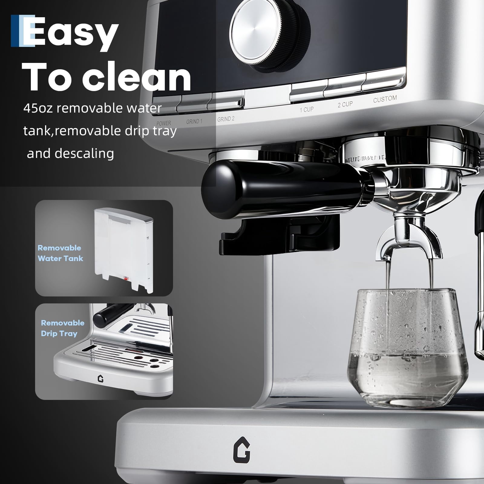Danolapsi 20 Bar Espresso Machine with Built-in Grinder, Stainless Steel Coffee Maker with Milk Frother Steam Wand, 1.5L Removable Water Tank, Adjustable Shot Volume for Home & Office