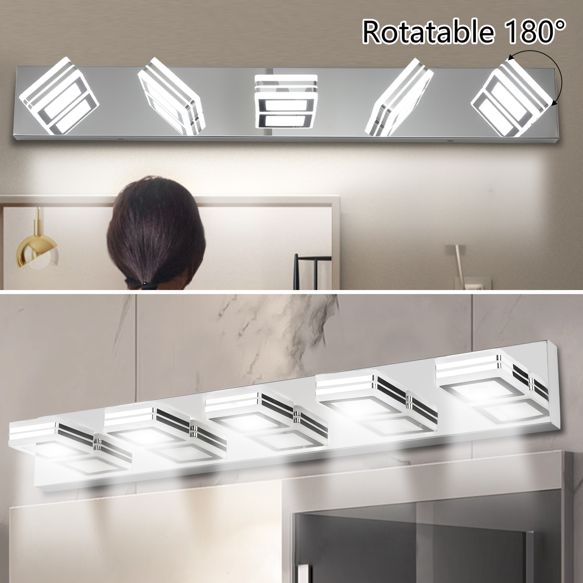 Leumius Modern 5-Light LED Vanity Light, Square Acrylic Lampshades Wall Mount Fixture for Mirror, Bathroom, Bedroom and Hallway Chrome