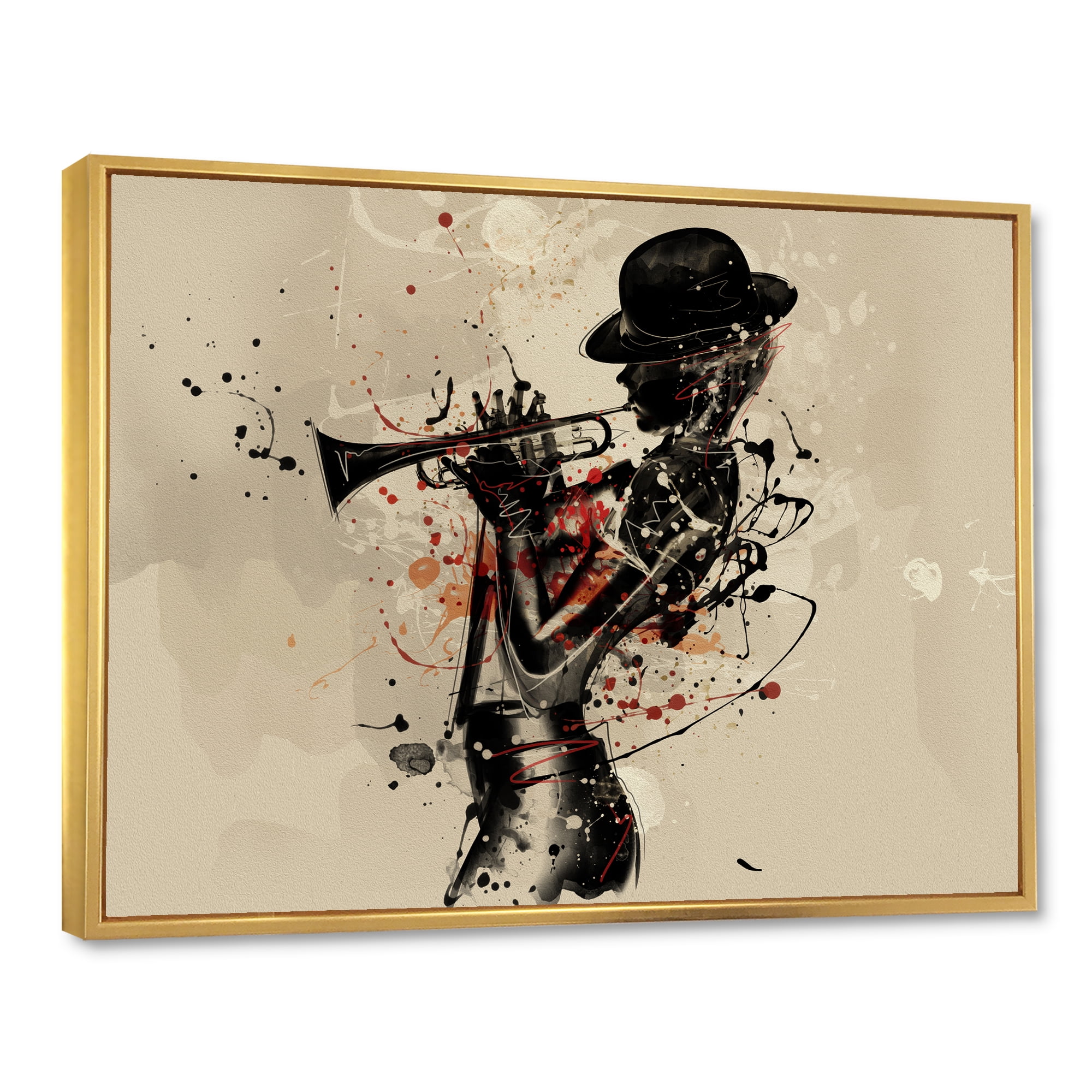 Designart 'Girl Playing Jazz Trumpet' Modern Framed Canvas Wall Art Print