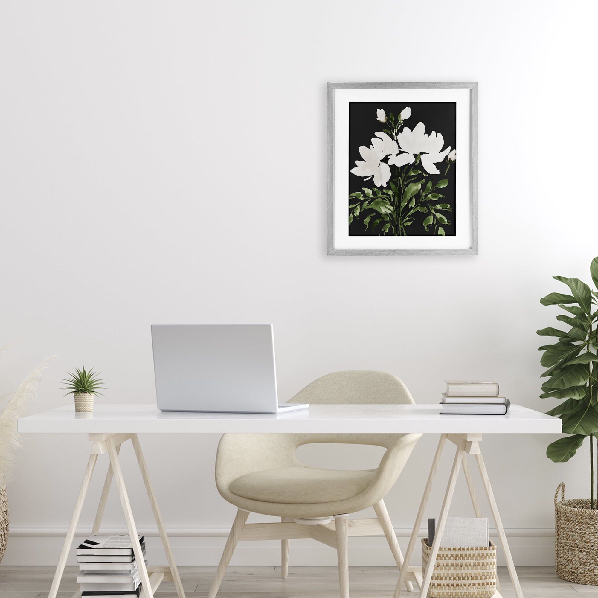 Stupell Industries White On Black Floral Gray Framed Print Under Glass, design by Lucille Price