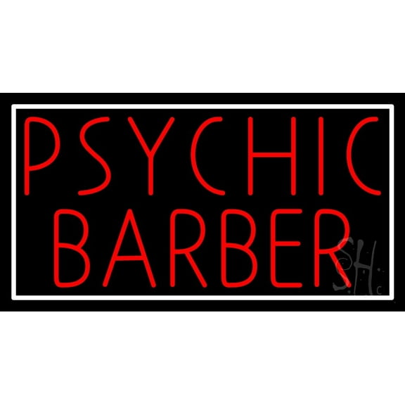 Red Psychic Barber With Border LED Neon Sign 20" Tall x 37" Wide - inches Black Square Cut Acrylic Backing, with Dimmer - Bright and Premium built indoor LED Neon Sign for Storefront.