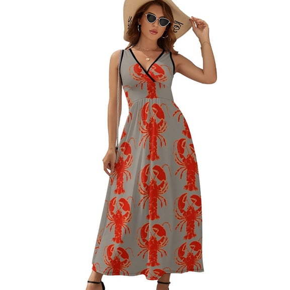 Lobster Art Prints Womens Night Club Maxi Dress V Neck Sleeveless Bohemia Long Dresses