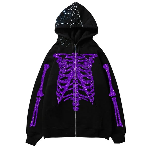 MHFRRA Sudadera con Capucha y Diseño Punk Oscuro para Hombre, Chaqueta con Capucha de Manga Larga y Esqueleto para Uso Informal Púrpura