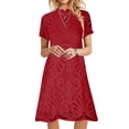 thumbnail image 1 of Puntoco Vestido De Verano Para Mujer Con Cuello Redondo Y Encaje Empalmado De Manga Corta De Color Sólido Rojo S,Regalos Para Mujer Joven, 1 of 6