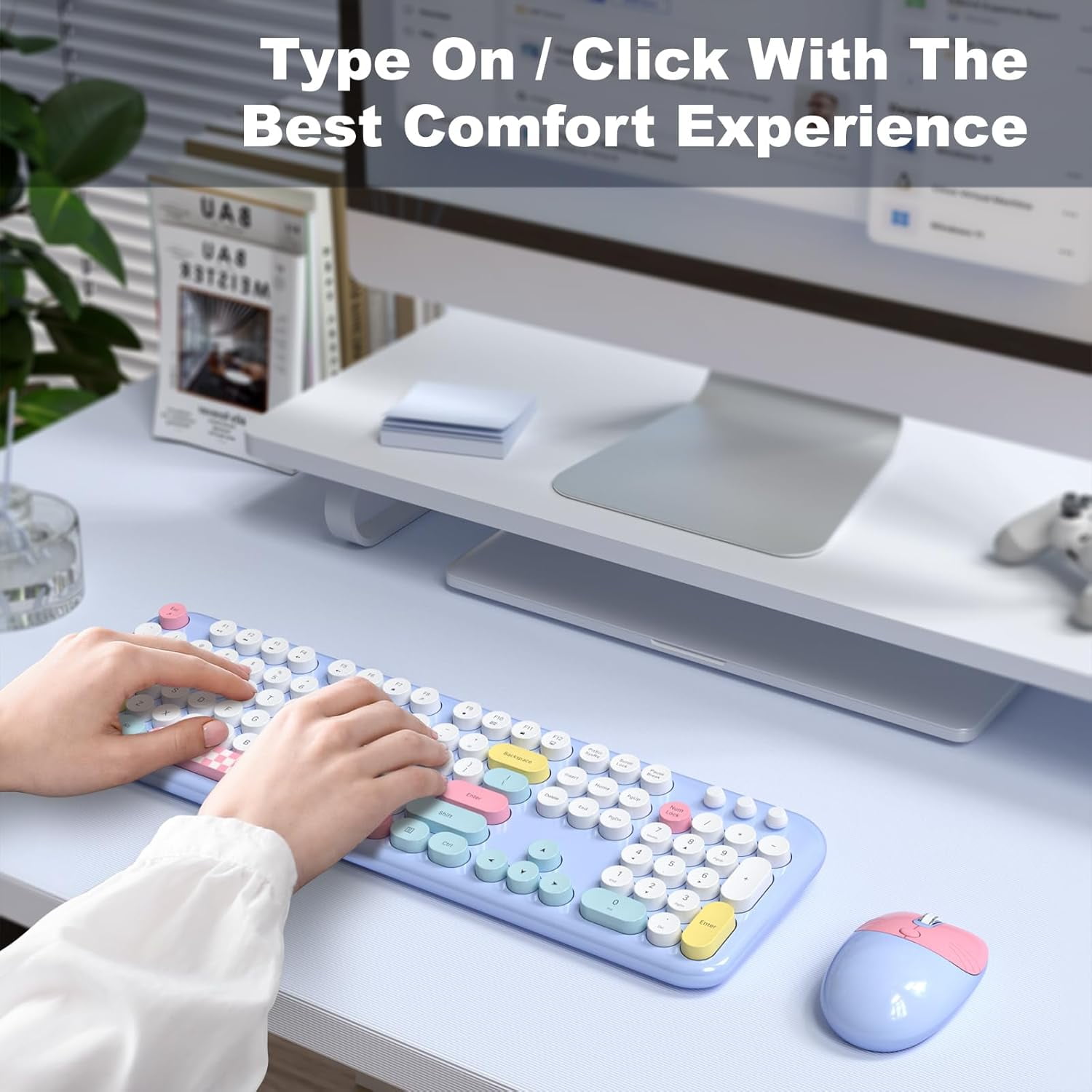 MOFII Wireless Keyboard and Mouse Combo 2.4GHz Retro Full-Size Keyboard with Number Pad and Cute Wireless Mouse (Light Blue Colorful)