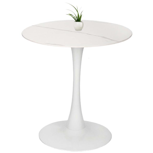 mesa redonda shendy vendy moderna mesita decorativa elegante Blanco Marmol, vista frontal centrada de mesa auxiliar con tapa efecto mármol blanca y vetas grises, pedestal y base circular de acero blanco tipo tulipán, silueta delgada y estructura estable; adecuada como buró, revistero o para exhibir adornos pequeños.