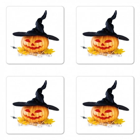 

Halloween Coaster Set of 4 Carved Pumpkin with Witch Hat and Hanging Spider Thematic Picture Square Hardboard Gloss Coasters Standard Size Marigold White Dark Grey by Ambesonne