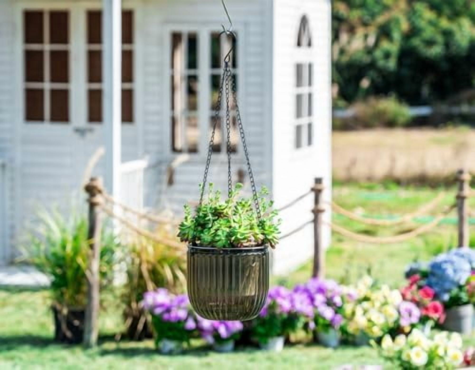 2 Pack Self Watering Hanging Planters Indoor Flower Pots, 6.5 Inch Outdoor Hanging Plant Pot Basket, Plant Hanger with 3Hooks Drainage Holes for Garden Home (Gray + White)