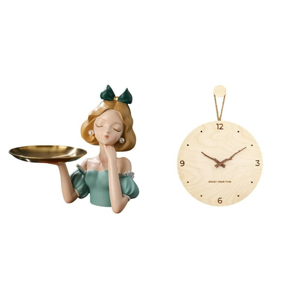 Bandeja porta llaves,Bandeja para guardar llaves y dulces con figura de niña de resina,Reloj de pared,Reloj de pared decorativo para sala de estar,silencioso,Reloj de pared de madera con