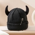 thumbnail image 4 of Unisex Knitted Beanie Hat, Devil Horns Knitted Hat, Halloween Distressed Skull Cap Funny Hip Hop Hat Windproof Warm Winter Yarn Hat For Men Women (Black), 4 of 7