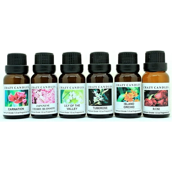 6 Bottles Set, Carnation, Japanese Cherry Blossom, Lily of The Valley, Tuberose, Island Orchid, Rose 1/2 Fl Oz Each (15ml) Premium Grade Scented Fragrance Oils by Crazy Candle