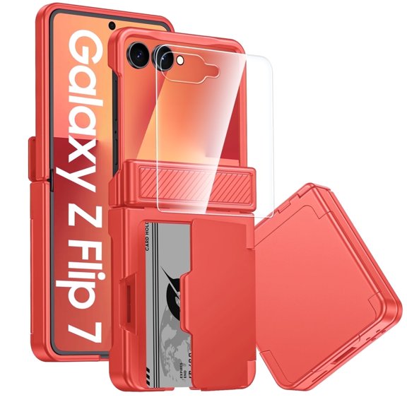 Vizvera for Samsung Galaxy Z Flip 7 Phone Case with Card Holder RFID Blocking,Built in Hinge Protection, Screen Protector-Rose Red