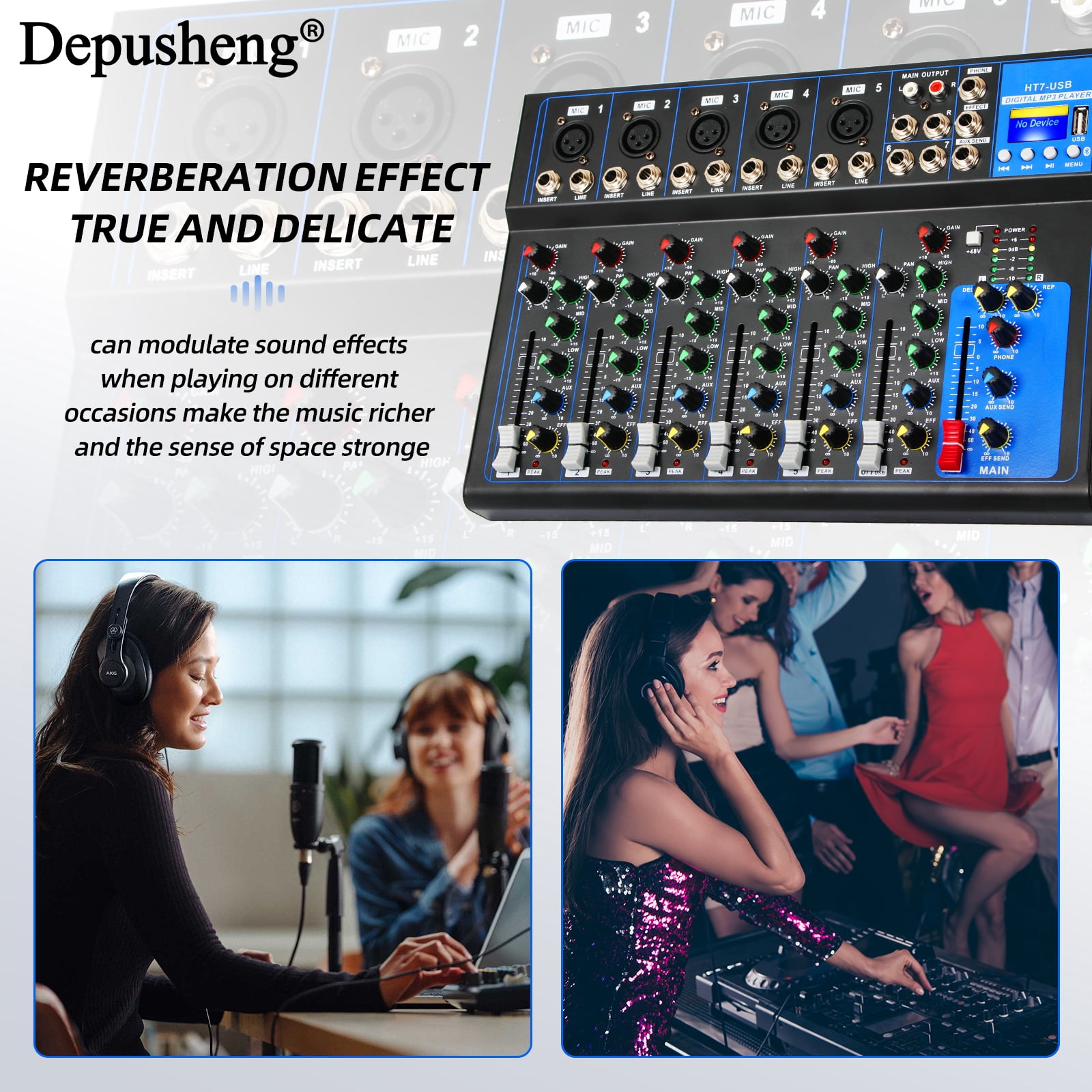Depusheng HT7 Professional Audio Mixer Mixing Console 48V ower for Computer Recording, 7-Channel Bands Mixing Boards For Studio Recording