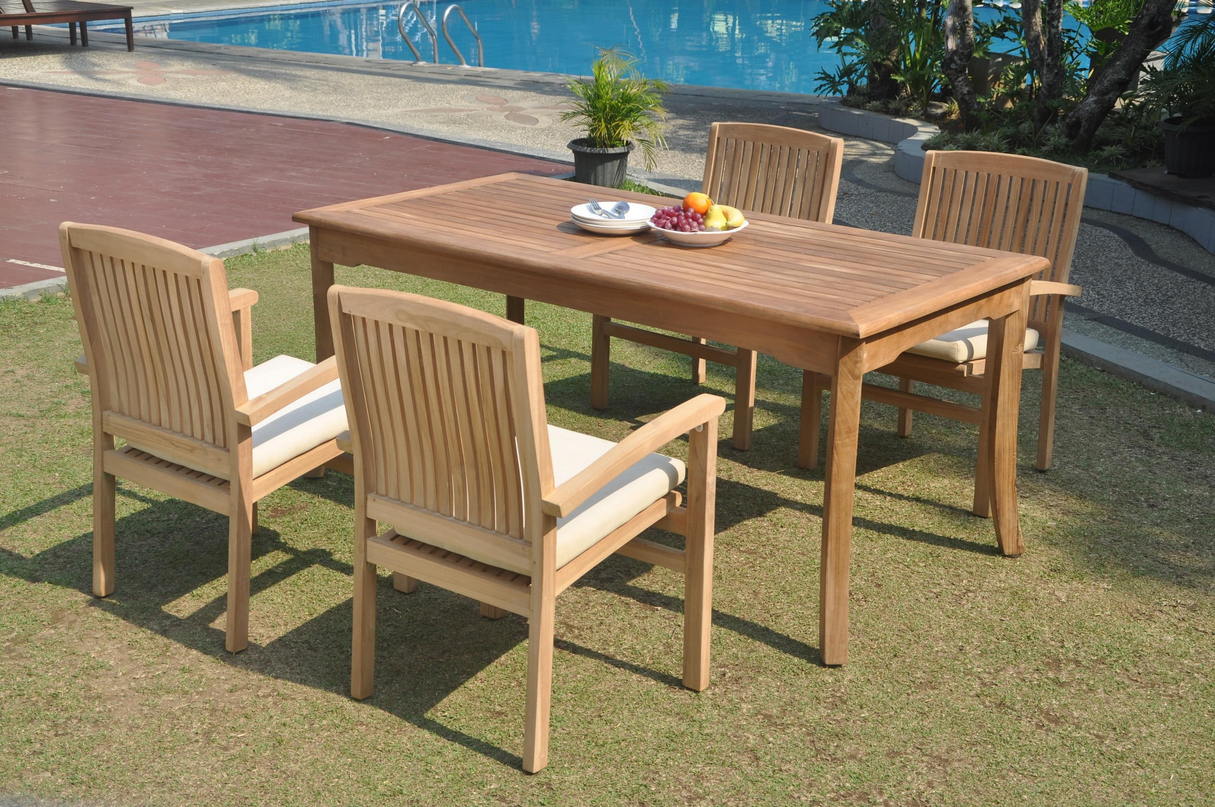 GradeA Teak Dining Set 4 Seater 5 Pc 60" Rectangle Table And 4 Wave