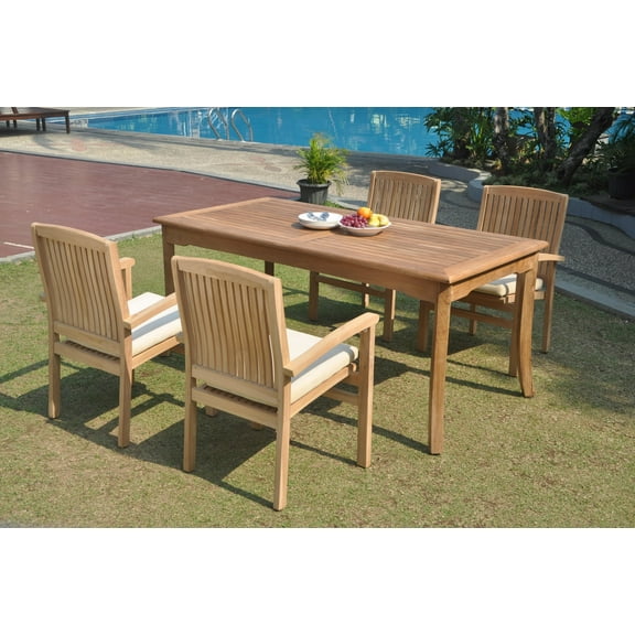 Grade-A Teak Dining Set: 4 Seater 5 Pc: 60" Rectangle Table And 4 Wave Stacking Arm Chairs Outdoor Patio WholesaleTeak #WMDSWVm