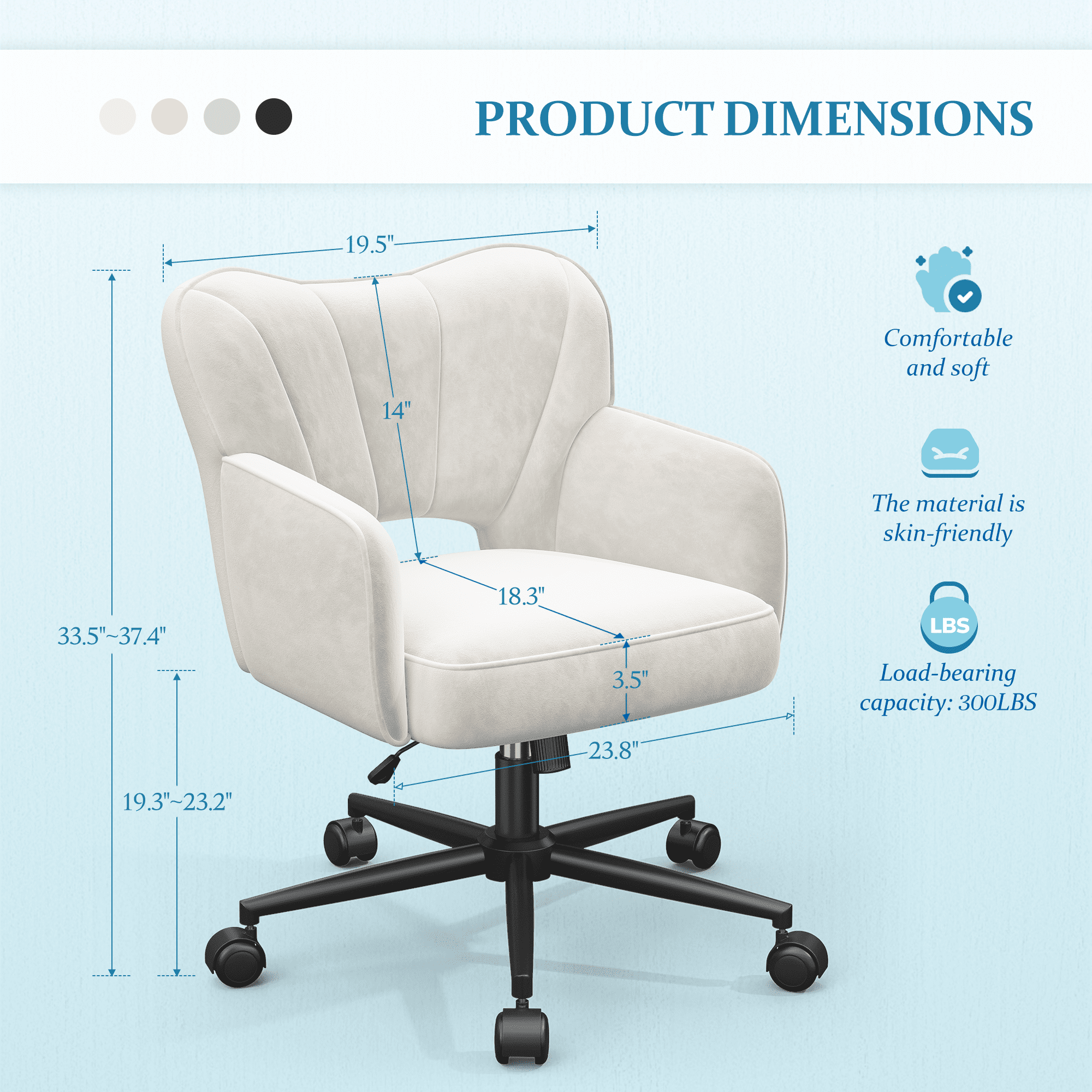 Romorgniz Vanity Chair with Wheels & Back Desk Chair Adjustable Height for Makeup, Work & Relaxation, White