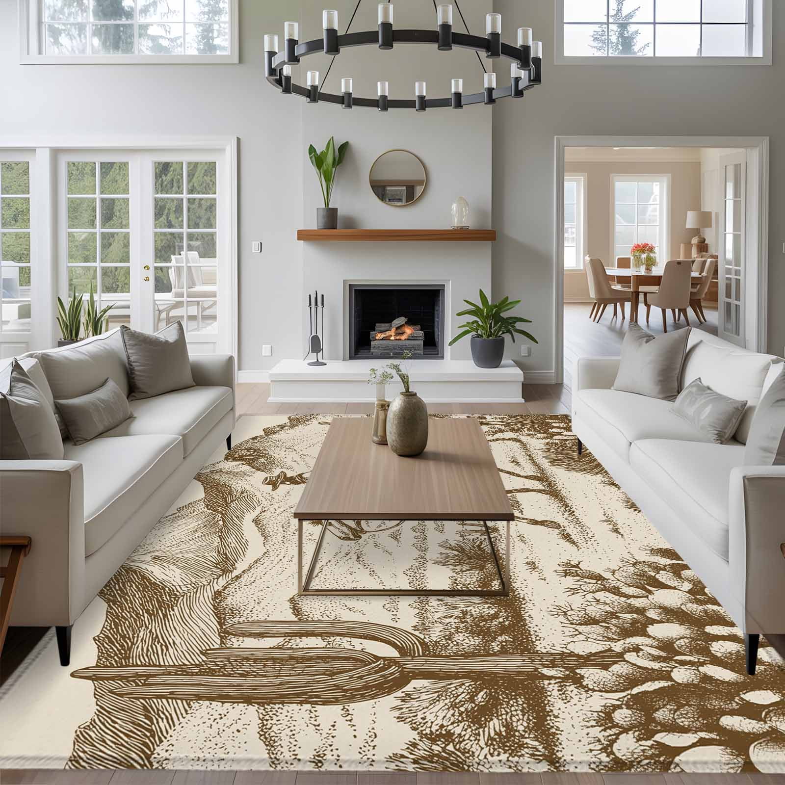 Large Area Rugs for Living Room Bedroom, Beige Western Farmhouse 5'x8' Rug Washable Carpet Runner Indoor Outdoor, Vintage Cowboys Cactus Non Slip Floor Mats Rug for Kitchen, Bathroom