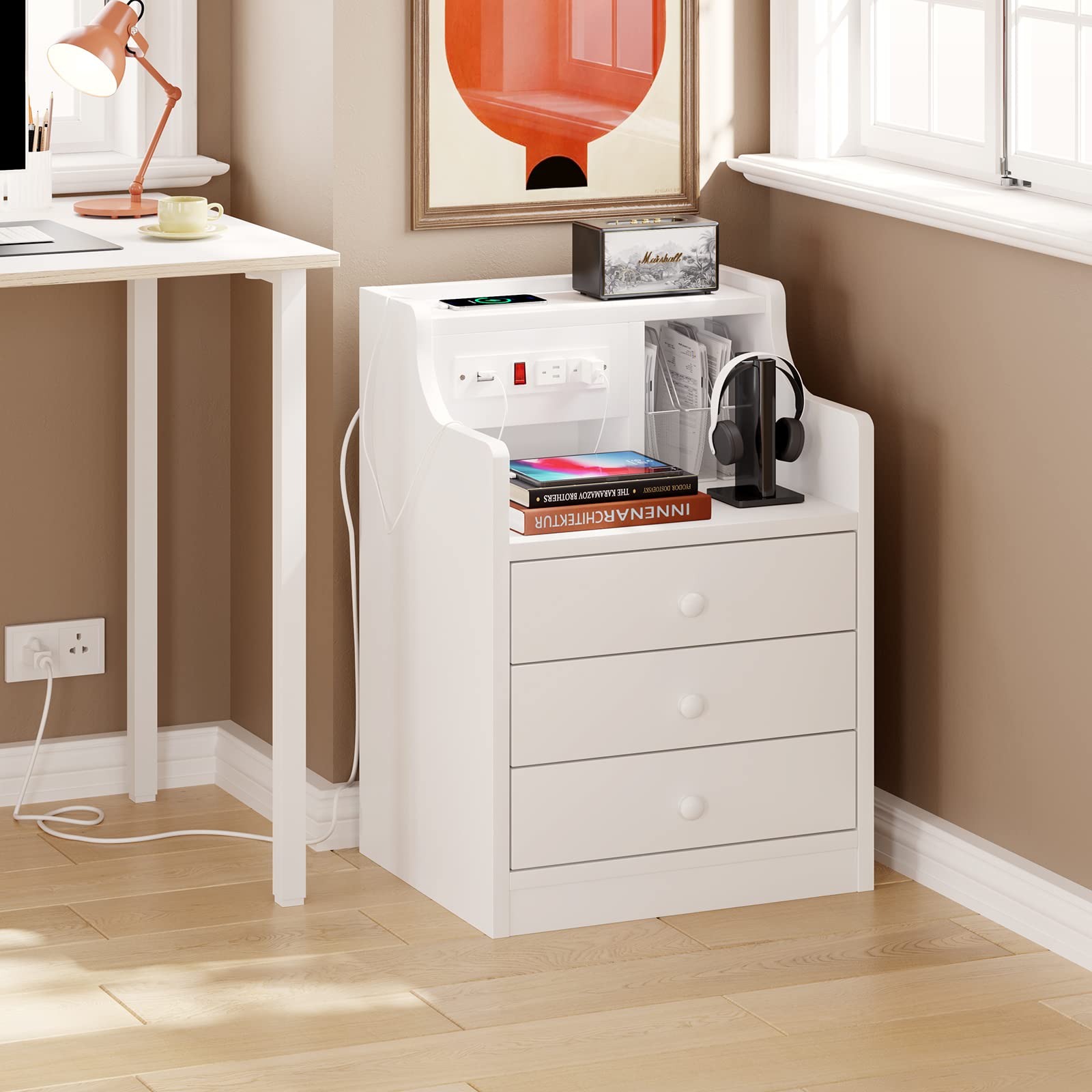 Afuhokles Nightstand Set of 2 with Charging Station, White photo 8