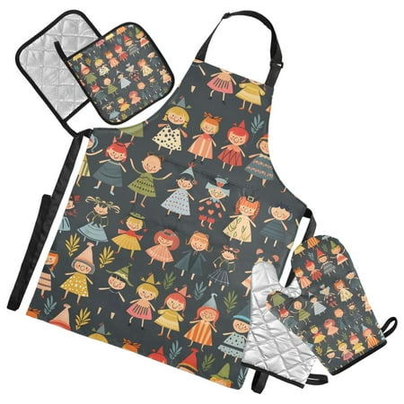 Little Different Costumes People 5 Pcs Kitchen Set Heat Resistant Oven Mitts and Non-Slip Pot Holders with Adjustable Cooking Apron