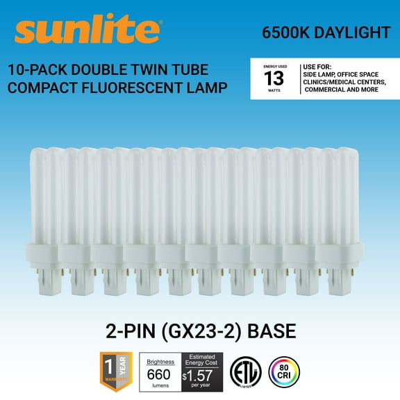 Sunlite PLD13/SP65K/10PK Double Twin Tube, CFL, PLD 2-Pin, 13 Watts, 660 Lumens, 6500K Daylight, 2-Pin (GX23-2) Base, 10 Pack