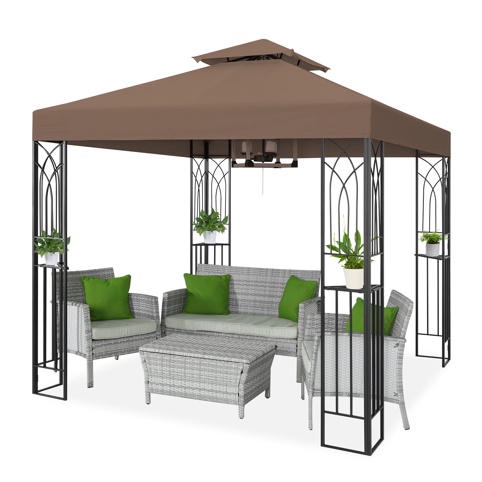 COOS BAY 8x8 Outdoor Patio Gazebo with Corner Shelves, Two-Tier Soft Top Canopy for Backyard, Lawn, Deck and Garden, Brown