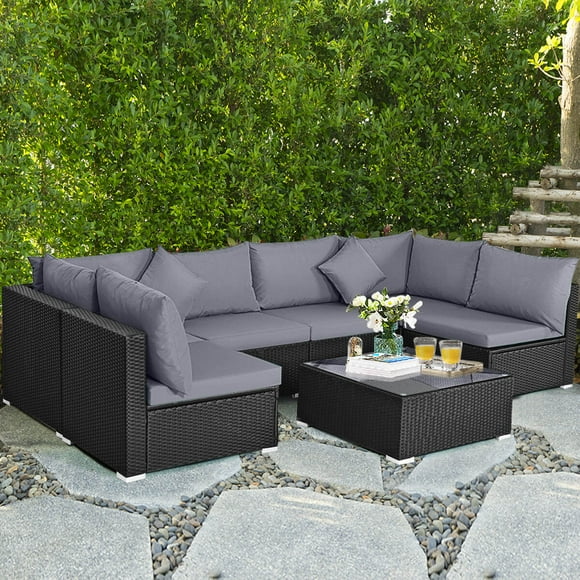 Costway 7 PCS Patio Rattan Sofa Set Sectional Conversation Furniture Set Garden Outdoor Gray