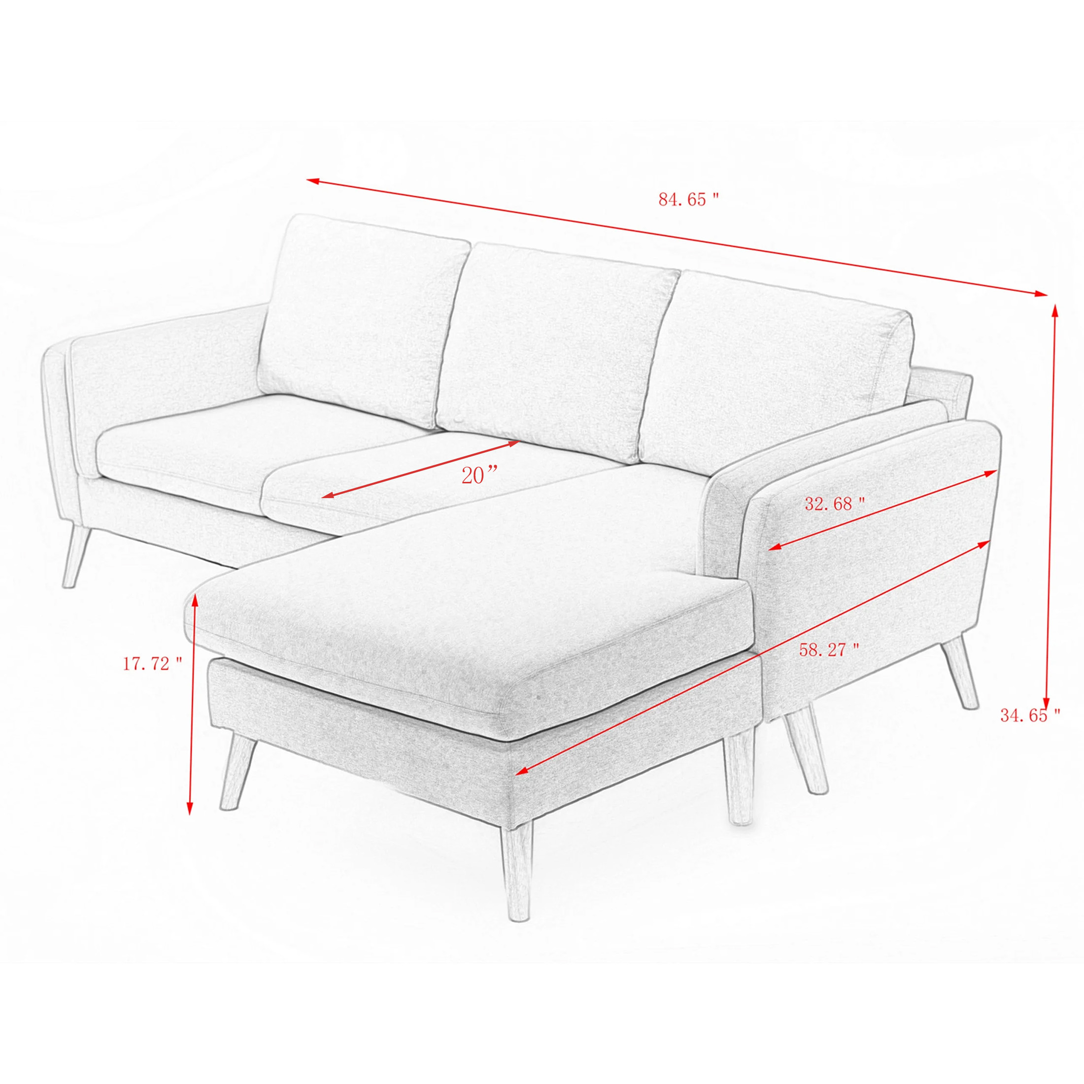 Aukfa 85" Sectional Couch Reversible L shape Sofa for Living Room, Solid Wood Legs, Linen, Gray