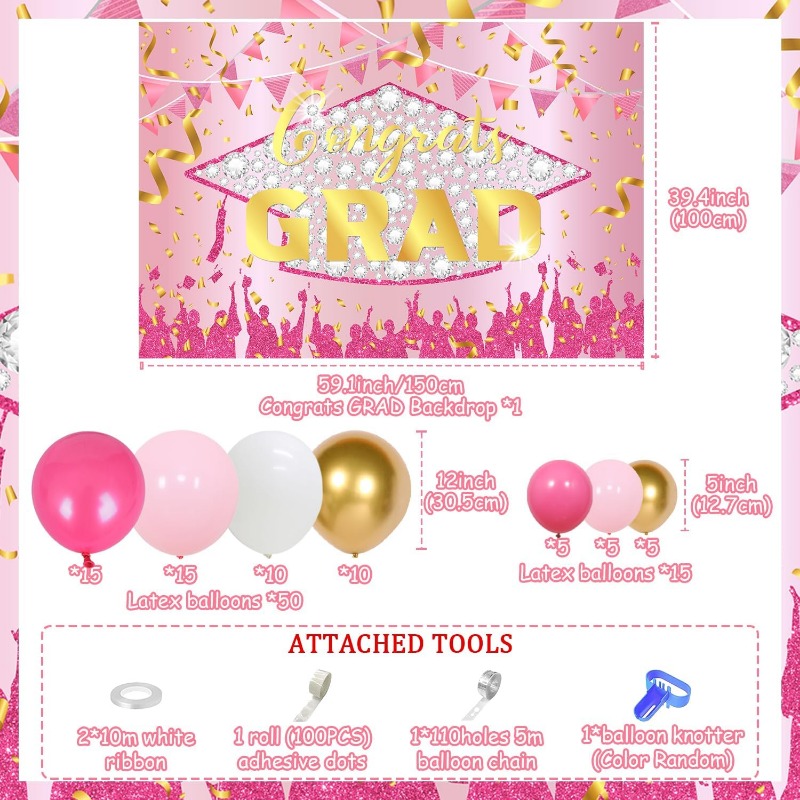 71Pcs Congrats Grad Decorations 2024, Pink and Golden Graduation Decor with Rose Golden Congrats Grad Backdrop Pink and Golden Balloon Garland Arch Kit for Class of 2024 Grad Prom School Grad Party