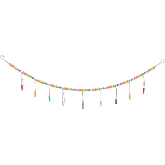 Pom Pom Garland Photo Display String with Clips and Wood Bead Garland