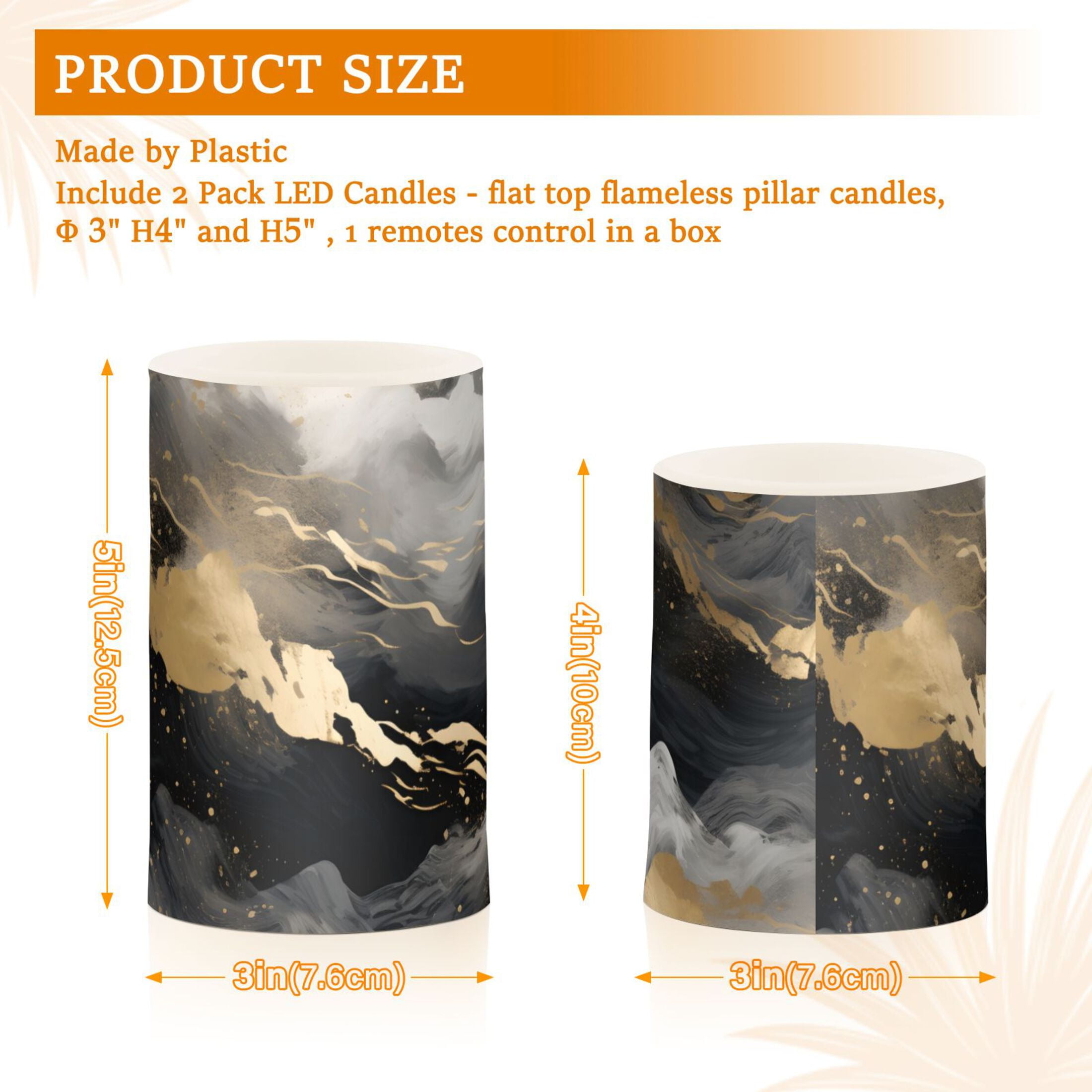 Gold Black White Marble Flickering Flameless LED Candles set of 2 Battery Operated 18-Key Remotes Timer Halloween Fall Decor D3''xH4''5''