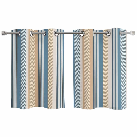 Blue Brown Beige Kitchen Curtains Small Short 39 Inch Length, Boho Farmhouse Abstract Stripes Art Grommet Top Bedroom Living Room Curtains, Light Filtering Cafe Curtain Drapes 2 Panels Set 55''x39''