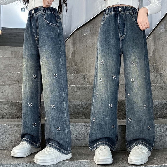 RTKFRFLM Girls Fashion Wide Leg Jeans Straight Leg Relaxed Fit Denim Pants Big Kids High Waisted Trousers for School Daily Streetwear Casual Denim Outfits Blue 16-17 Years