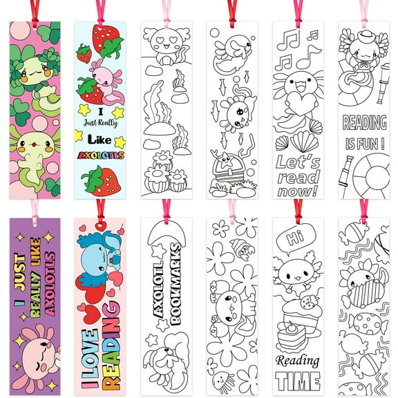 Belanttega 72Pcs Axolotl-Themed Coloring Bookmarks for Book Lovers Adorable Book Sign Make Your Own Style of Axolotl Bookmark Family Party Interactive DIY Kit, Creativity & Reading Fun