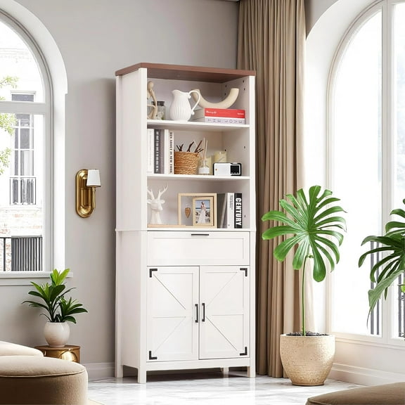 72" Tall Farmhouse Bookshelf with Barn Doors – White Freestanding Bookcase with Storage Cabinet, Adjustable Shelves, Wood Display Shelves for Bedroom, Living Room