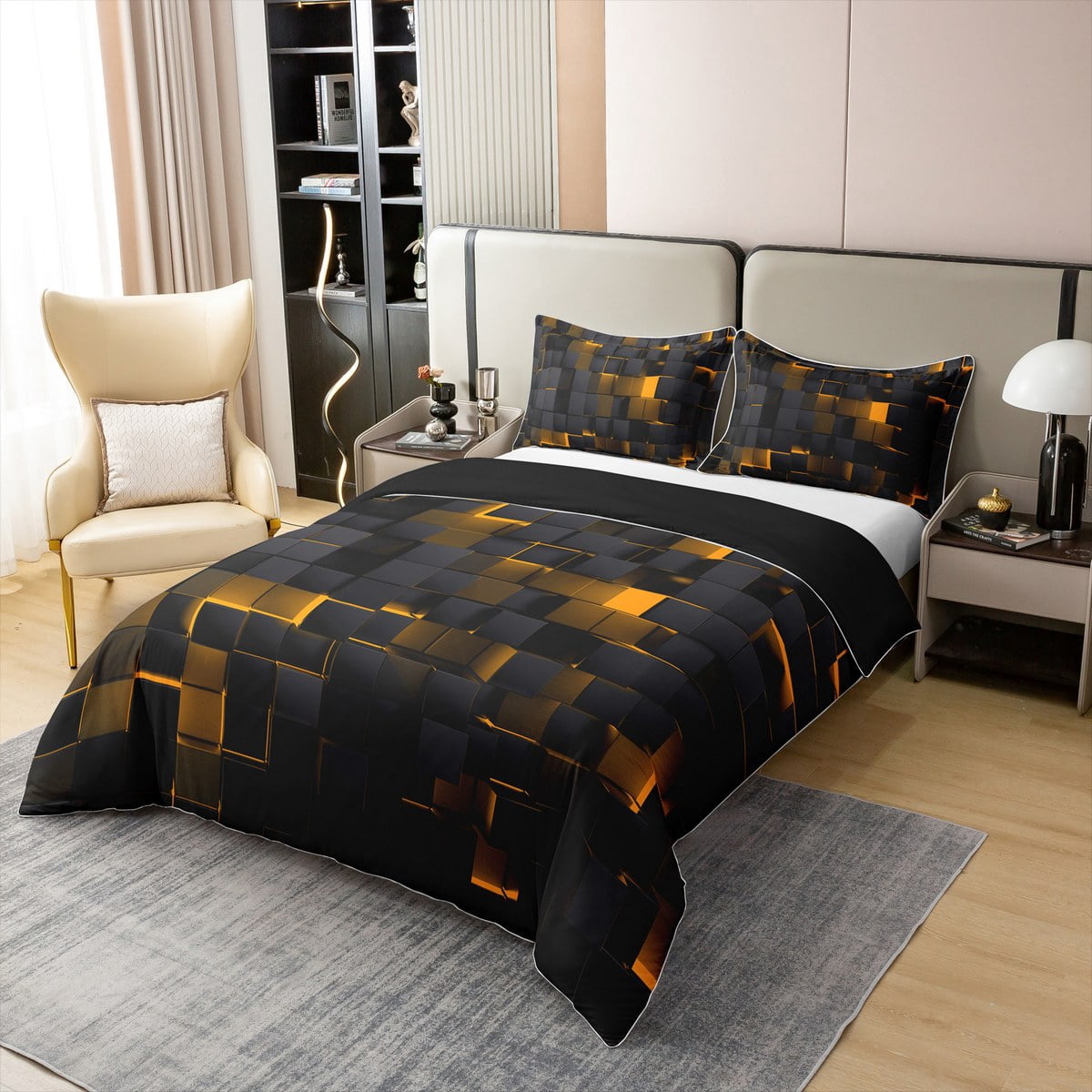 Erosebridal Orange and Black 100% Cotton Comforter Cover Twin Neon Geometric Checkered Bedding Set Teen Men,Stereoscopic Grid Plaid Duvet Cover Glowing Square Bed Set Modern Room Decor