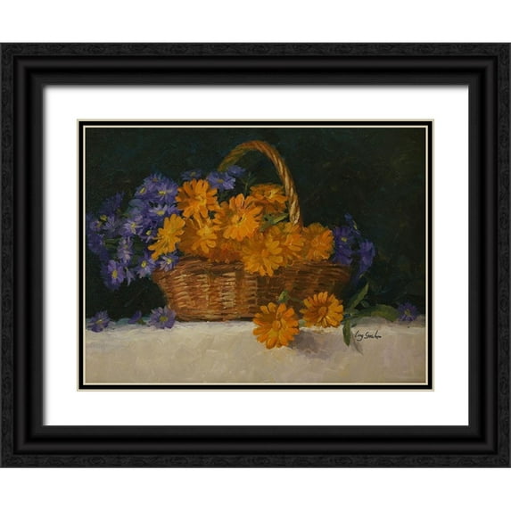 Strube, Ling 24x19 Black Ornate Wood Framed with Double Matting Museum Art Print Titled - Flower Basket