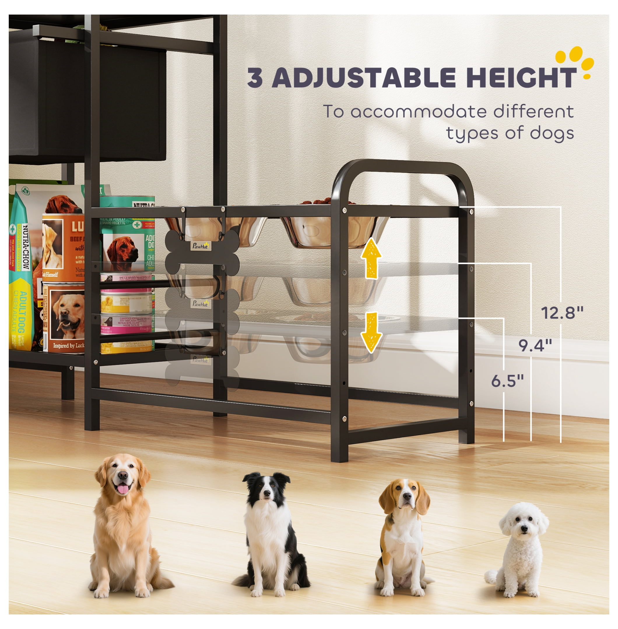 Dog Bowl Stand with Toy Storage, 3 Height Adjustable Elevated Dog Bowls, 2 Feeding Stations, Stainless Steel Pet Feeder for Large & Small Dogs, Black