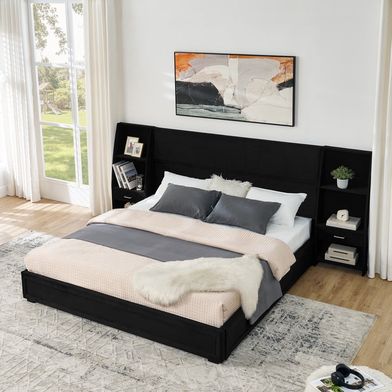 Queen/King Size Modern Upholstered Platform Bed Frame, Velvet Storage Bed with Headboard, Side Bookcases & Drawers Nightstand