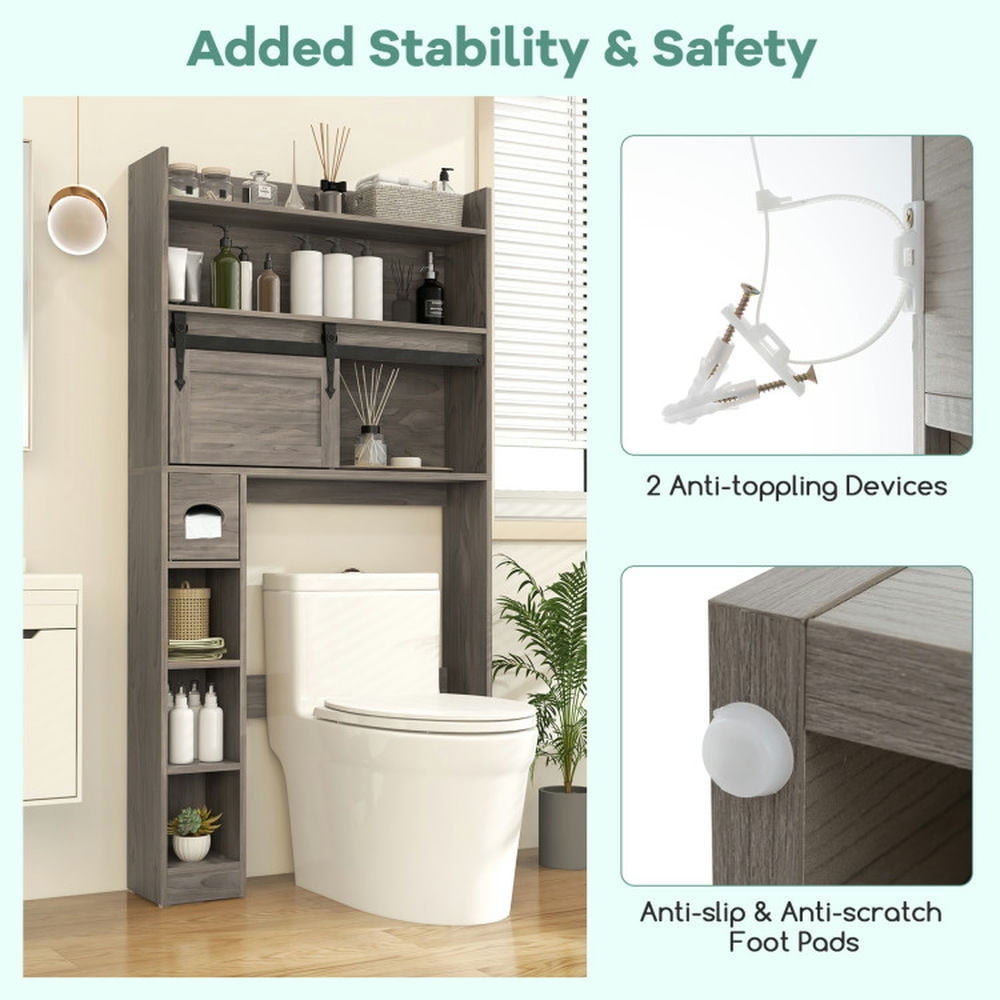 Finihen Toilet Storage Cabinet, Bathroom Cabinet Organizer, Over The Toilet Storage Cabinet with Sliding Barn Door and Adjustable Shelves, for Bathroom, Gray