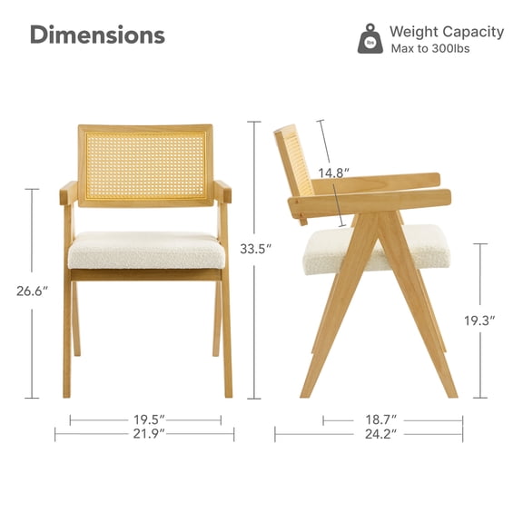 ReNest Modern American Dining Chair with Woven Rattan Back, Oak Solid Wood Frame, Set of 2，Cream