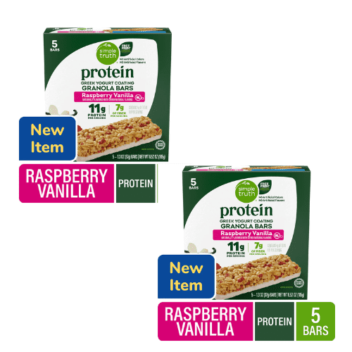Simple Truth Protein Greek Yogurt Coating Raspberry Vanilla Granola Bars, 5 Count,2 Pack