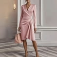 thumbnail image 3 of Women's Solid Color Bodycon Skirt Long Sleeve V-Neck Pleated Design Dress for Spring and Autumn Fashion and Slim Fit,Pink,L, 3 of 5
